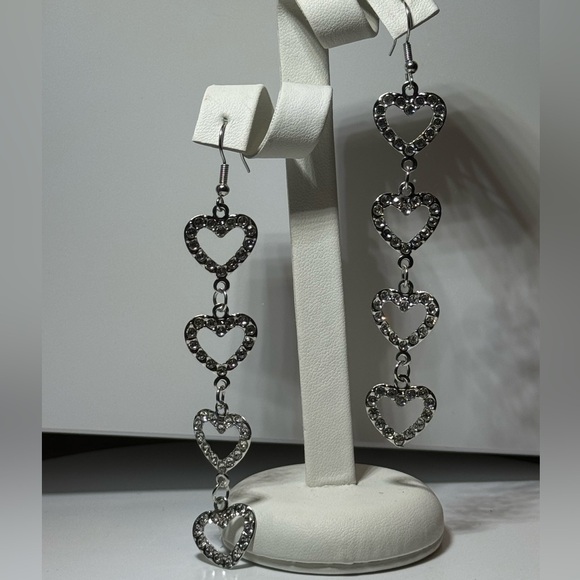 Saks Fifth Avenue Silver Tone 4 Dangling Heart  Pave Crystal Hook Earrings - Picture 5 of 6